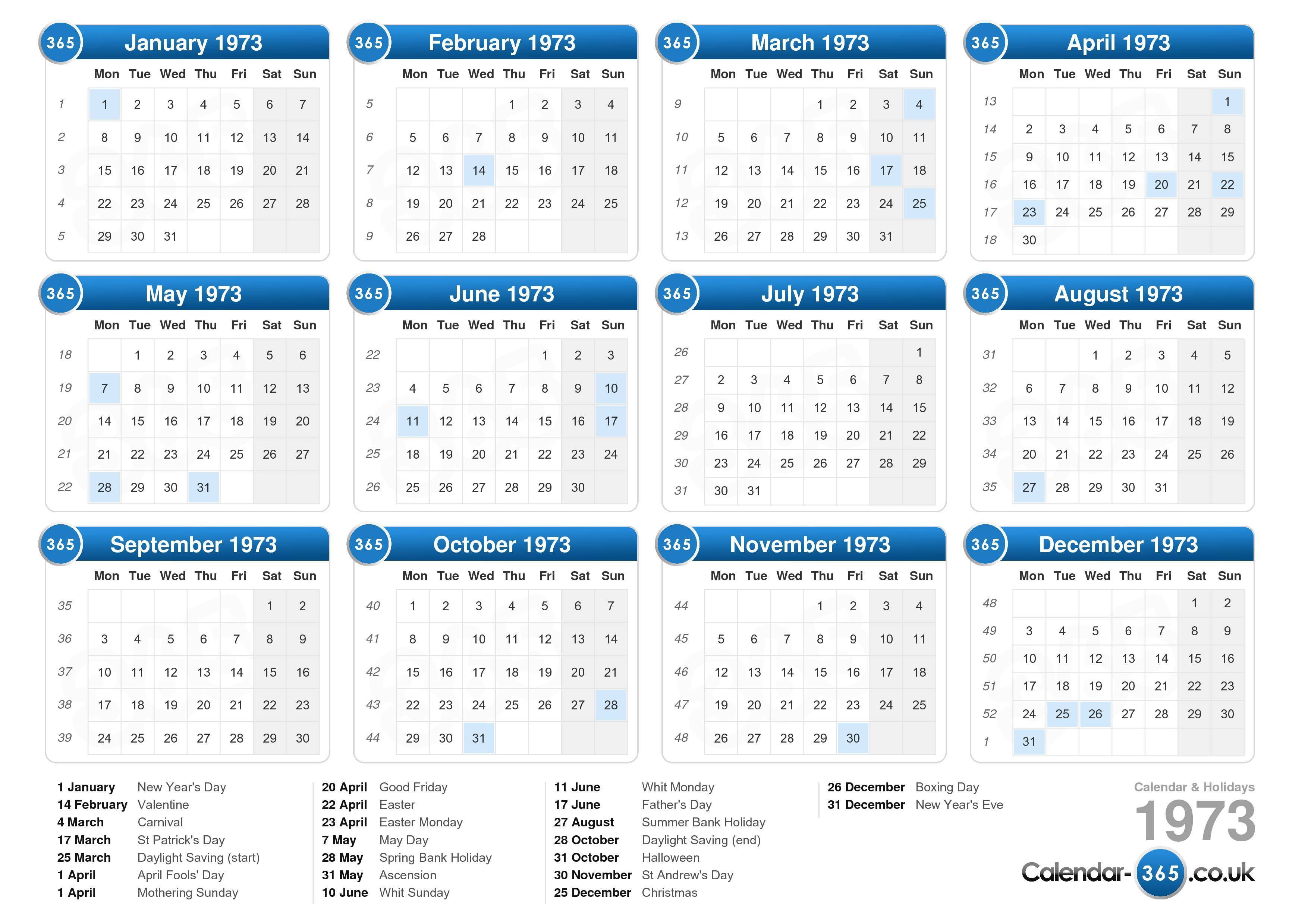 Download the Calendar 1973 with holidays . (Landscape format - 1 Page)