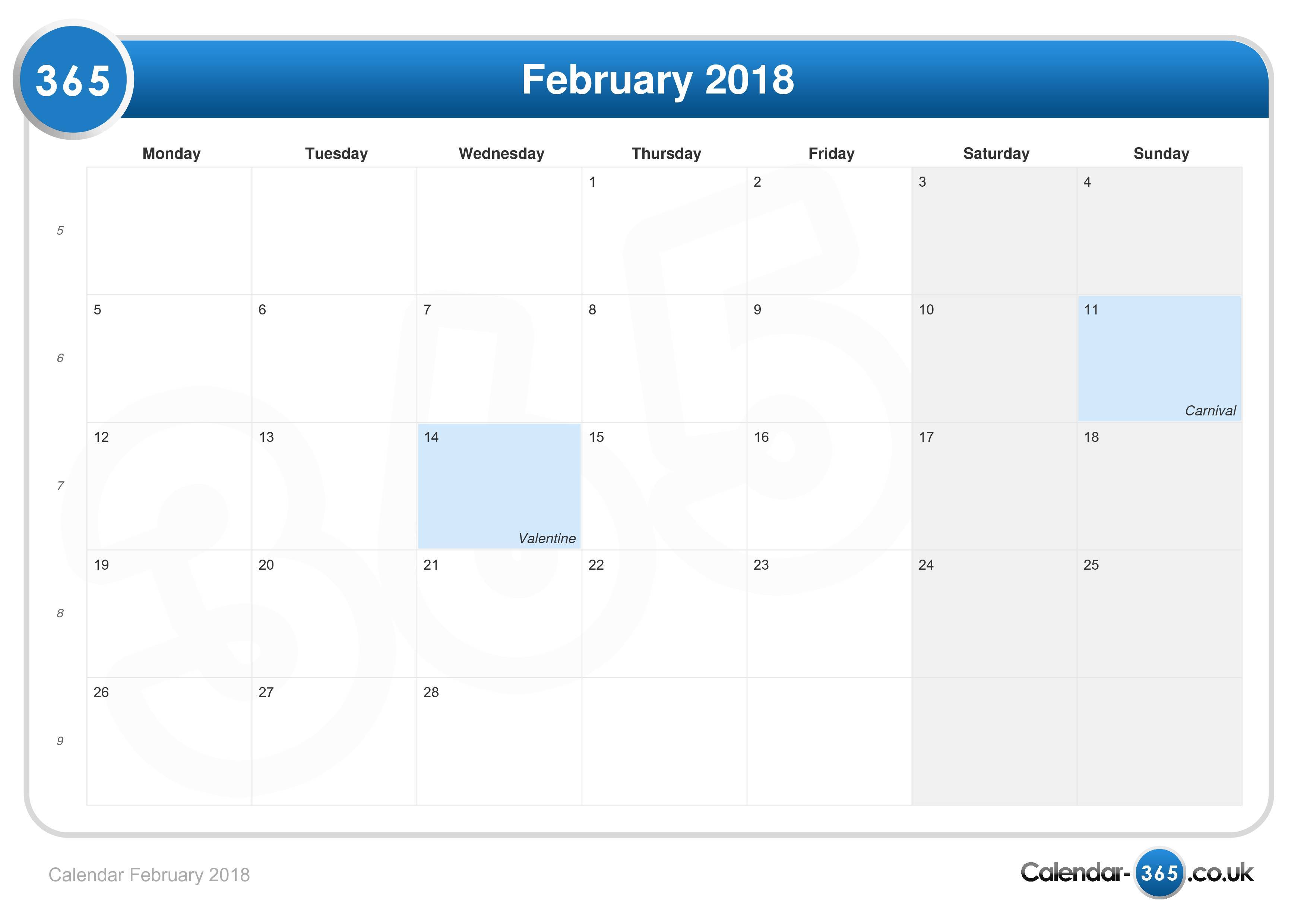 February 2018 Calendar Ms Excel