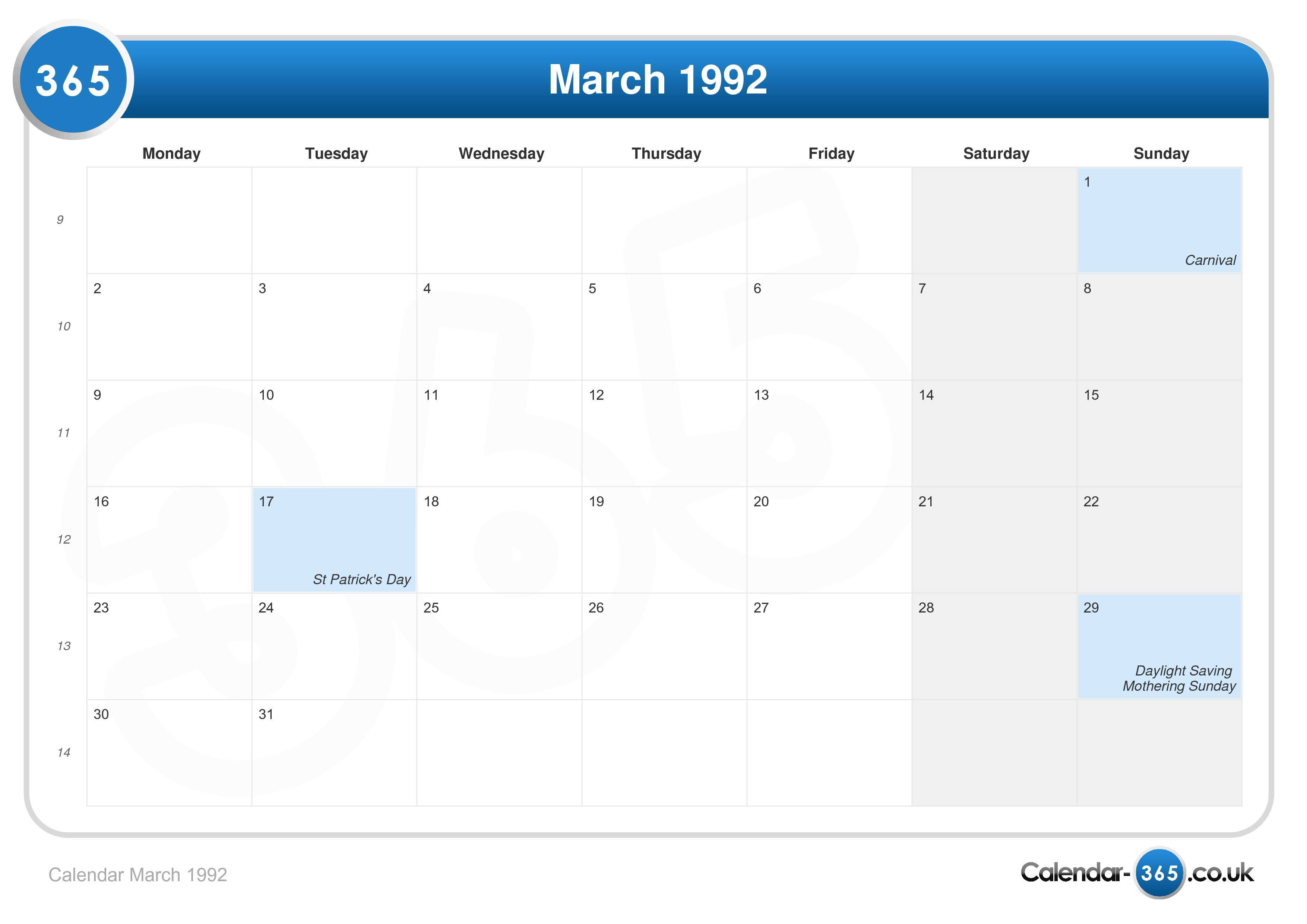 Calendar March 1992