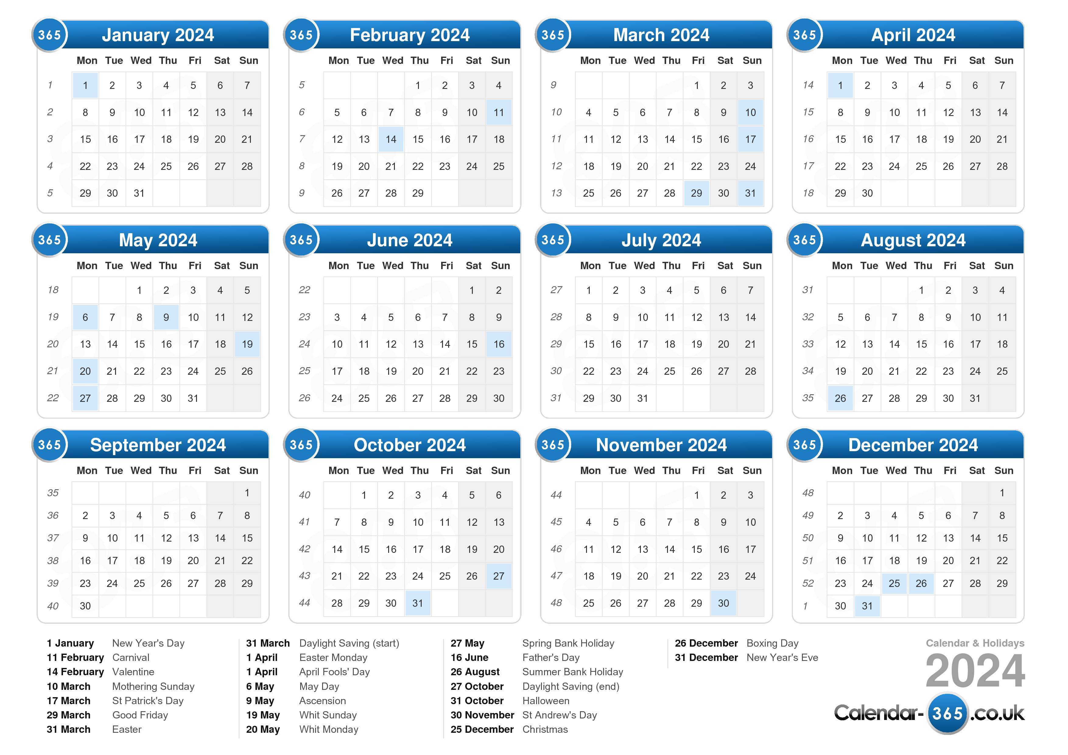 2024 Calendar Uk Printable With Week Numbers Betti Chelsea