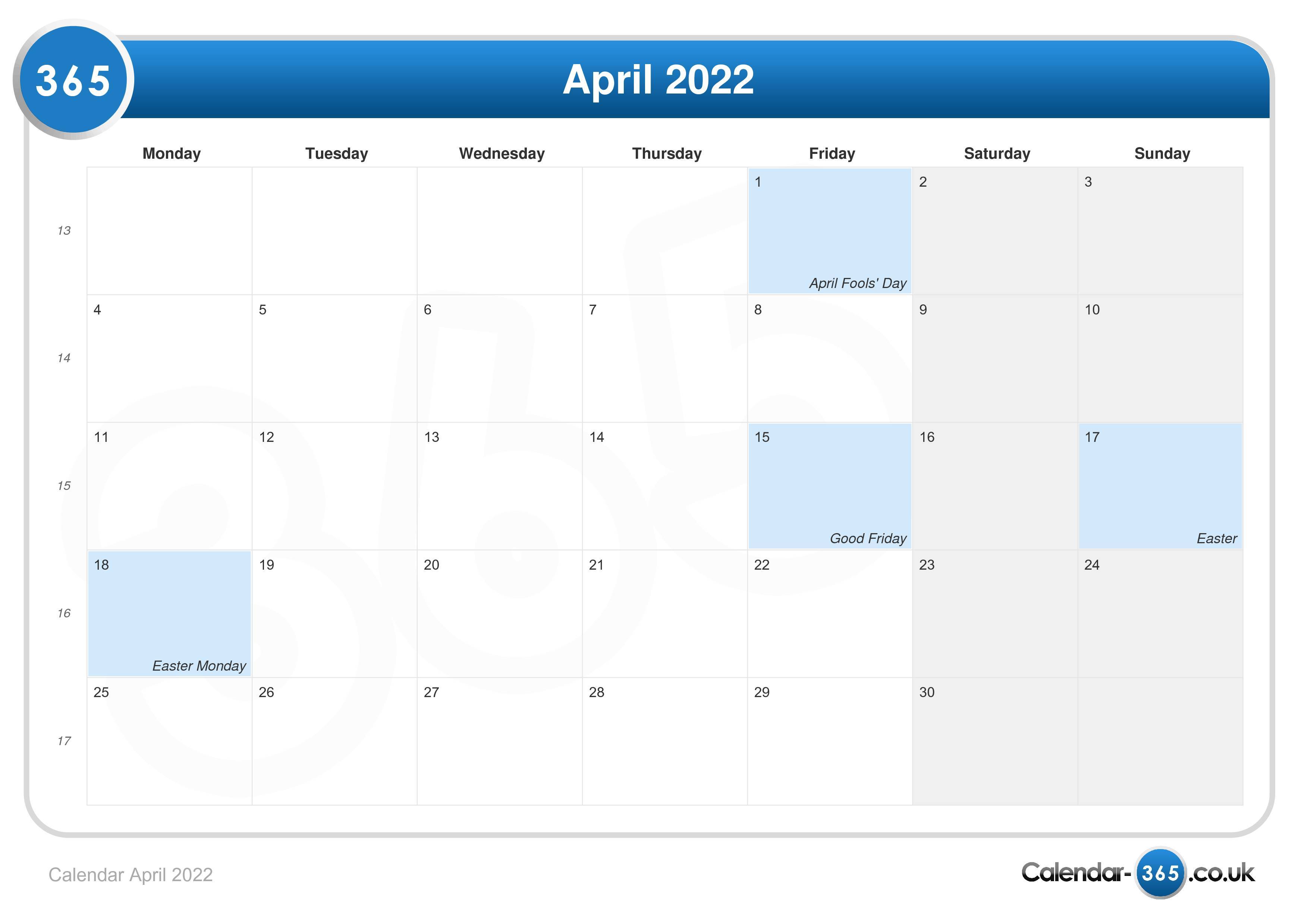 Easter 2022 Calendar Date Calendar April 2022