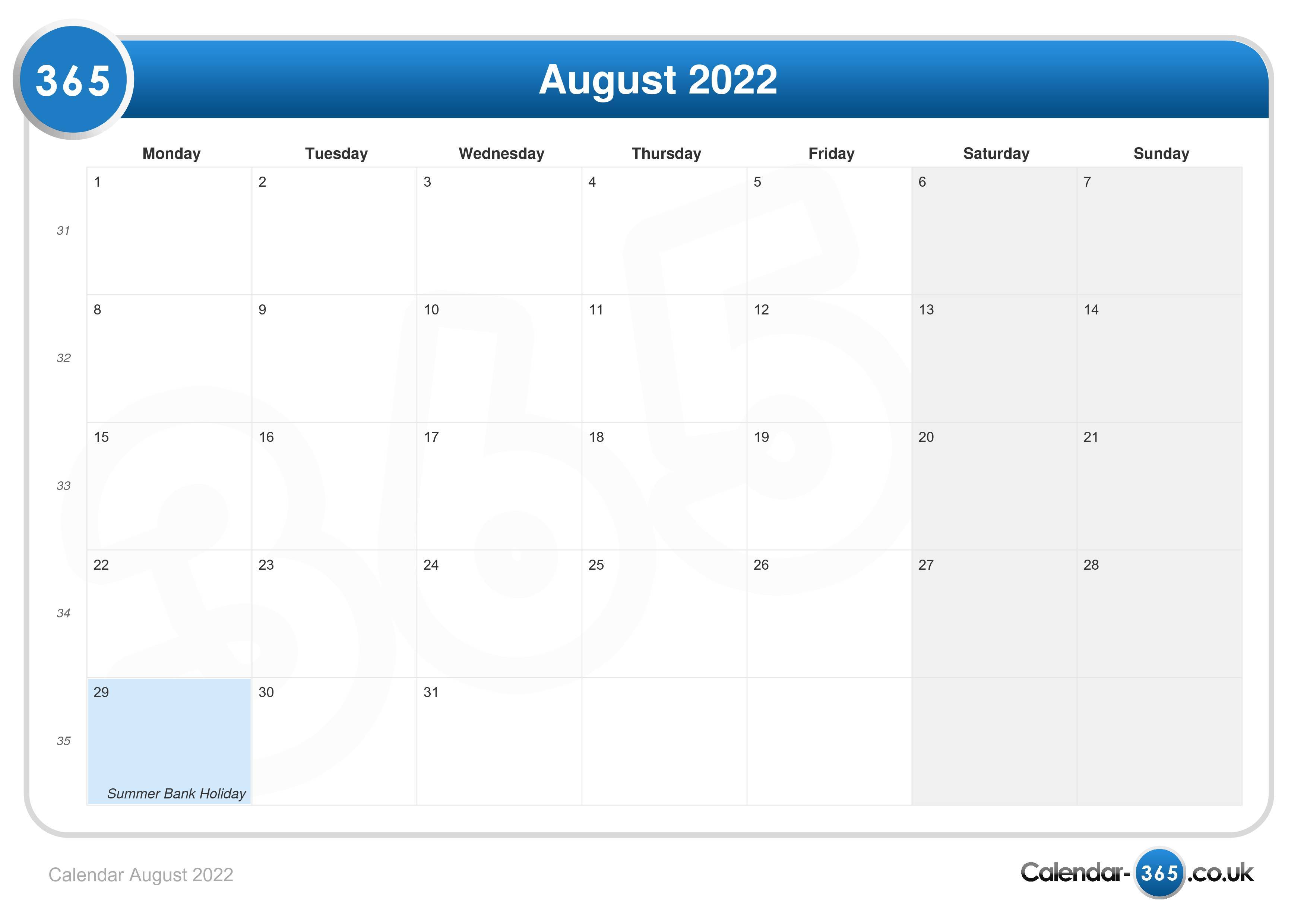 National Calendar August 2022 Calendar August 2022