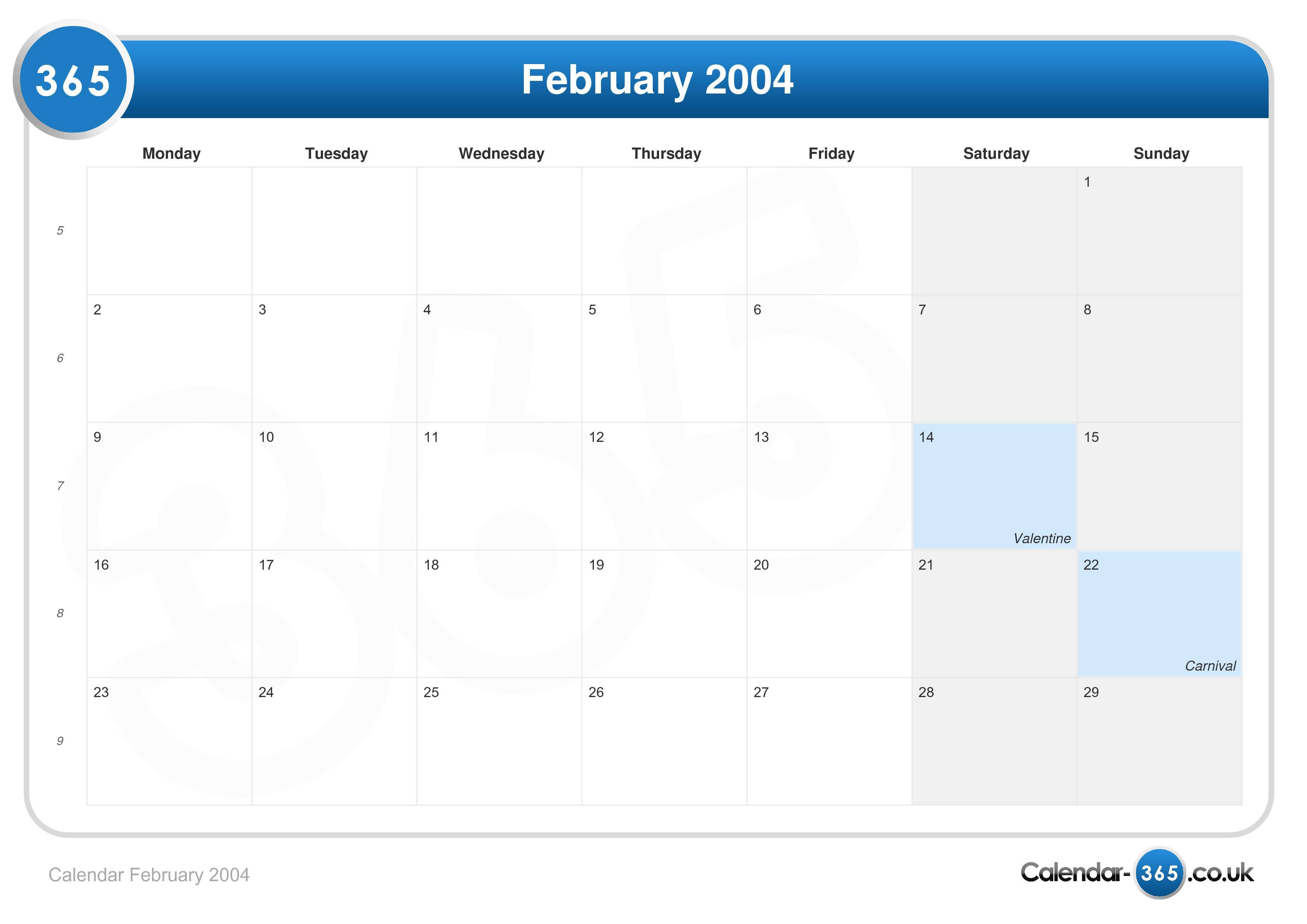 Calendar February 2004
