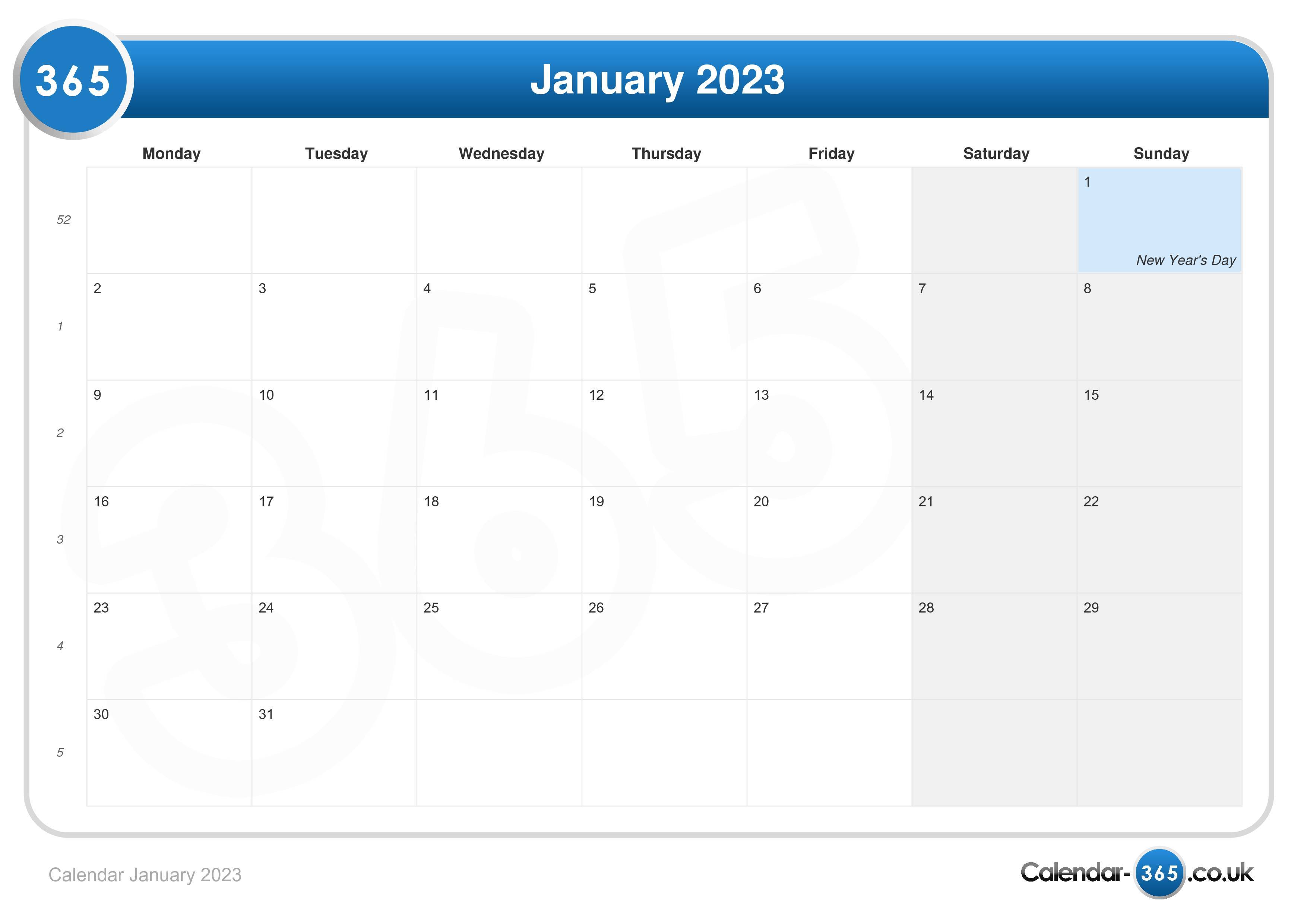Calendar January 2023
