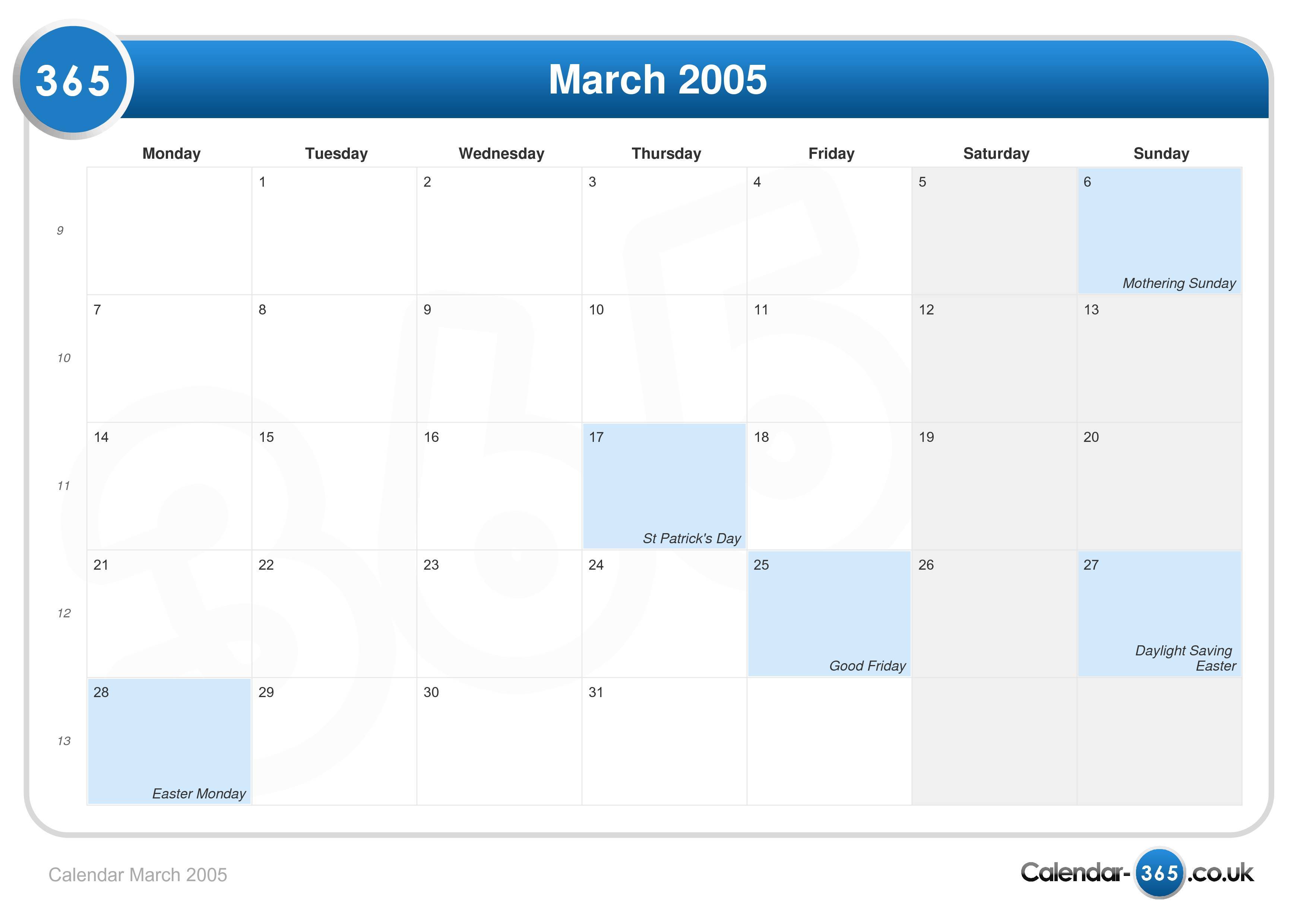 Calendar March 2005
