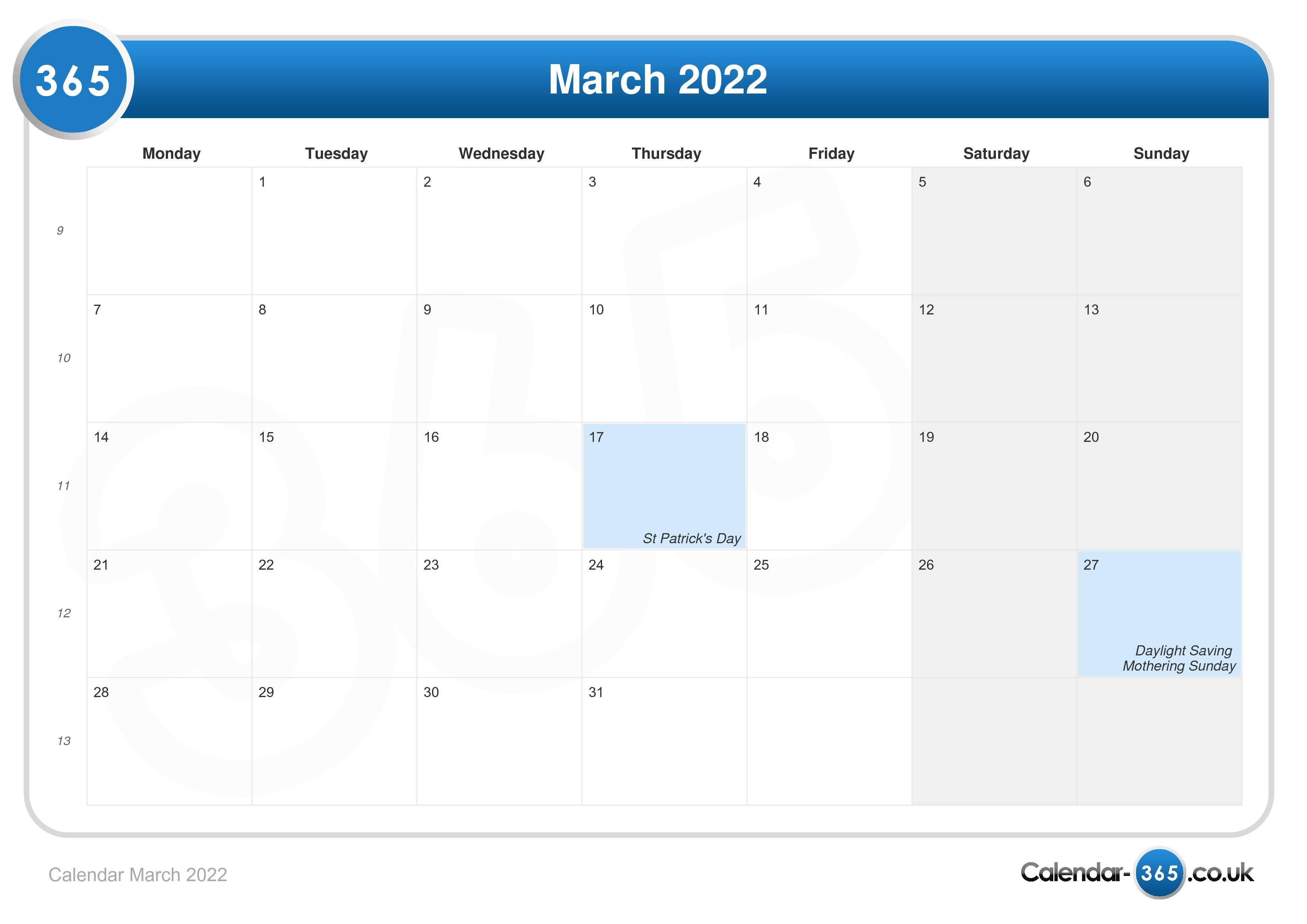 Calendar March 2022