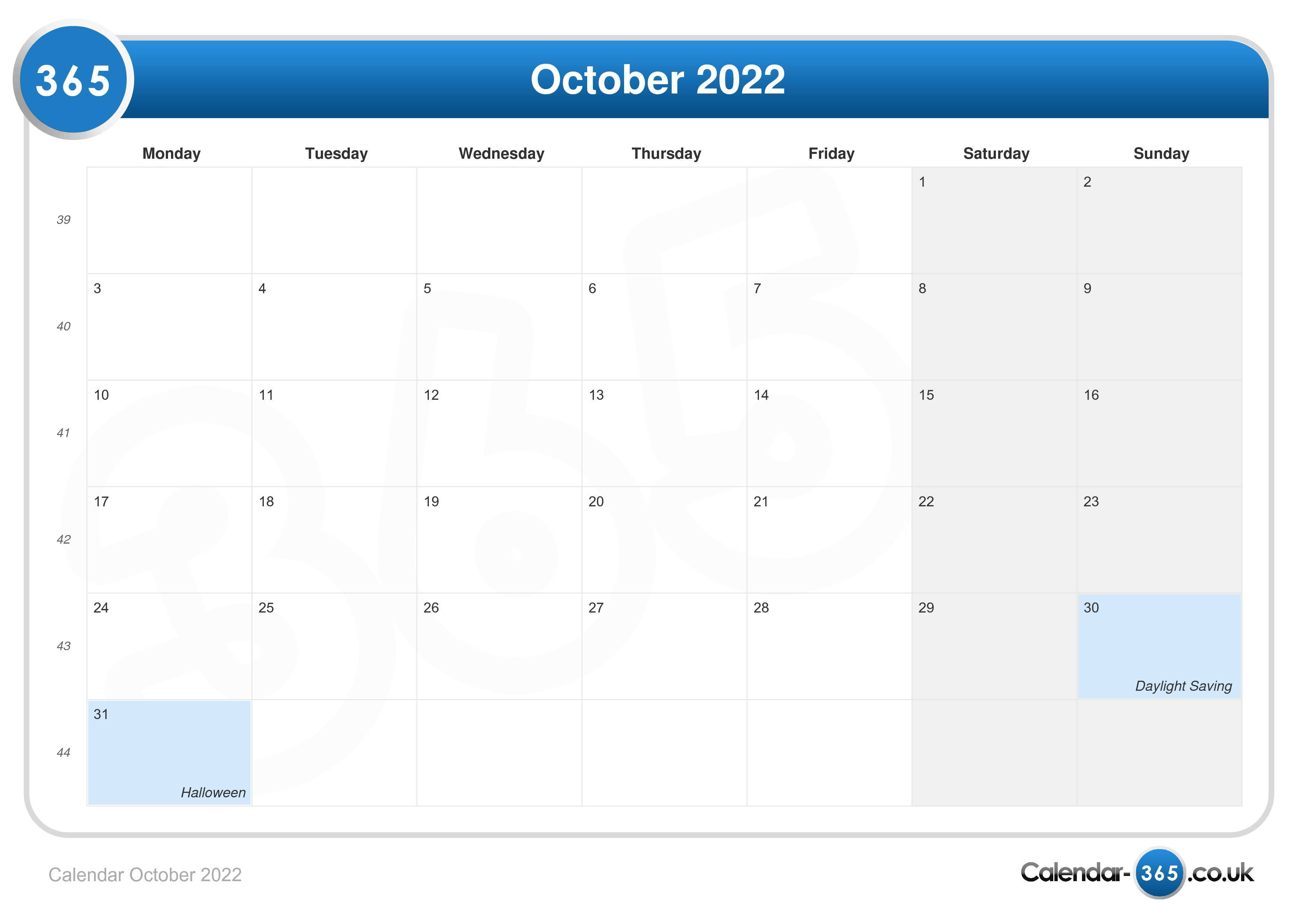 Calendar October 2022